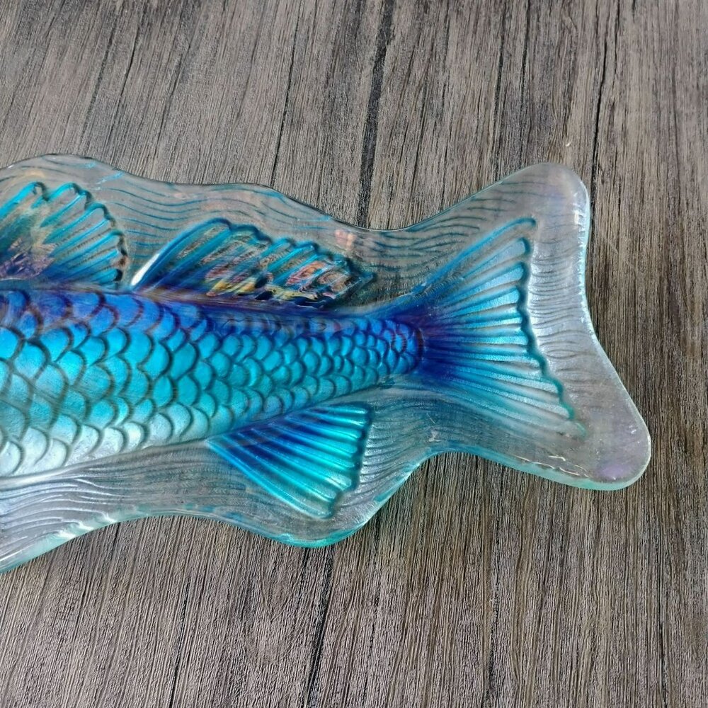 Blue Glass Fish Decorative Serving Dish, Coastal Centerpiece Platter, 18" Tray - Picture 3 of 9